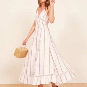 Reformation Daria Wrap Dress in licorice (red & white stripes)